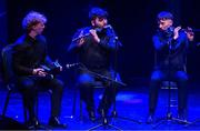 27 April 2025; The An Gharbhchoill team, including James Hosey, Diarmuid O'Neill, Cillian O'Rourke, Sonny Cahill and Aisling Joyce, representing Carlow and Leinter in the Ceol Uirlise competition during the 2025 Scór Sinsear All-Ireland Finals at the TF Theatre in Castlebar, Mayo. Photo by Shauna Clinton/Sportsfile