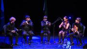 27 April 2025; The An Gharbhchoill team, including James Hosey, Diarmuid O'Neill, Cillian O'Rourke, Sonny Cahill and Aisling Joyce, representing Carlow and Leinter in the Ceol Uirlise competition during the 2025 Scór Sinsear All-Ireland Finals at the TF Theatre in Castlebar, Mayo. Photo by Shauna Clinton/Sportsfile