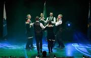 27 April 2025; The Cora Finne team, including Mike Furey, Francis Tyrell, Joseph O'Brien, Colin McDonagh, Mary Tyrell Higgins, Mary Murtagh, Sabrina Melvin and Sheila Lynch, representing Galway and Connacht in the Rince Seit competition during the 2025 Scór Sinsear All-Ireland Finals at the TF Theatre in Castlebar, Mayo. Photo by Shauna Clinton/Sportsfile
