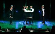 27 April 2025; The Cora Finne team, including Mike Furey, Francis Tyrell, Joseph O'Brien, Colin McDonagh, Mary Tyrell Higgins, Mary Murtagh, Sabrina Melvin and Sheila Lynch, representing Galway and Connacht in the Rince Seit competition during the 2025 Scór Sinsear All-Ireland Finals at the TF Theatre in Castlebar, Mayo. Photo by Shauna Clinton/Sportsfile