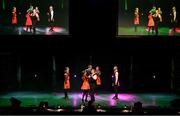 27 April 2025; The Na Dúnta team, including Darren Nolan, Anna Fallon, Shane Murray, Cian Colgan, Pat Leavy, Órlaith Murray, Aoife Carley and Ursula Carley, representing Westmeath and Leinster in the Rince Seit competition during the 2025 Scór Sinsear All-Ireland Finals at the TF Theatre in Castlebar, Mayo. Photo by Shauna Clinton/Sportsfile