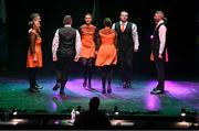 27 April 2025; The Na Dúnta team, including Darren Nolan, Anna Fallon, Shane Murray, Cian Colgan, Pat Leavy, Órlaith Murray, Aoife Carley and Ursula Carley, representing Westmeath and Leinster in the Rince Seit competition during the 2025 Scór Sinsear All-Ireland Finals at the TF Theatre in Castlebar, Mayo. Photo by Shauna Clinton/Sportsfile