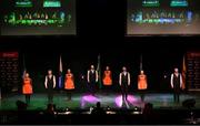 27 April 2025; The Na Dúnta team, including Darren Nolan, Anna Fallon, Shane Murray, Cian Colgan, Pat Leavy, Órlaith Murray, Aoife Carley and Ursula Carley, representing Westmeath and Leinster in the Rince Seit competition during the 2025 Scór Sinsear All-Ireland Finals at the TF Theatre in Castlebar, Mayo. Photo by Shauna Clinton/Sportsfile