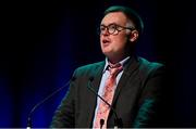 27 April 2025; Oifigeach Forbartha Gaeilge Jamie Ó Tuama during the 2025 Scór Sinsear All-Ireland Finals at the TF Theatre in Castlebar, Mayo. Photo by Shauna Clinton/Sportsfile