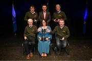 27 April 2025; The Sráid an Mhuilinn team, including John Tarrant, Pat Sheehan, Con Healy and Jerry Doody, representing Cork and Munster, are presented with their trophy by Uachtarán Chumann Lúthchleas Gael Jarlath Burns and Cathaoirleach Coiste Náisiúnta Scór Paula Magee after their victory in the Tráth na gCeist competition during the 2025 Scór Sinsear All-Ireland Finals at the TF Theatre in Castlebar, Mayo. Photo by Shauna Clinton/Sportsfile