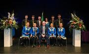 27 April 2025; The Spá Cill Airne team, including Liam Spillane, Kianan O'Doherty, Darragh Brosnan, Diarmuid O'Donovan, Meghann Cronin, Katie Cronin, Anna O'Connor and Katie O'Connor, representing Kerry and Munster, are presented with their trophy by Uachtarán Chumann Lúthchleas Gael Jarlath Burns, Cathaoirleach Coiste Náisiúnta Scór Paula Magee and Oifigeach Forbartha Gaeilge Jamie Ó Tuama after their victory in the Rince Seit competition during the 2025 Scór Sinsear All-Ireland Finals at the TF Theatre in Castlebar, Mayo. Photo by Shauna Clinton/Sportsfile