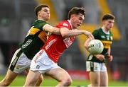 28 April 2025; Colm Gillespie of Cork in action against Paddy Lane of Kerry during the Dalata Hotel Group Munster GAA Football U20 Championship final match between Cork and Kerry at SuperValu Páirc Ui Chaoimh in Cork. Photo by Matt Browne/Sportsfile