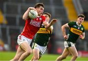 28 April 2025; Colm Gillespie of Cork in action against Paddy Lane of Kerry during the Dalata Hotel Group Munster GAA Football U20 Championship final match between Cork and Kerry at SuperValu Páirc Ui Chaoimh in Cork. Photo by Matt Browne/Sportsfile