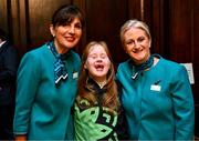 28 April 2025; Maire Connelly of Team Ireland, a member of Kilternan Karvers, Clanbridge, Galway, with Aer Lingus flight staff Kim Daniels, left, and Ciara Power during a Team Ireland World Winter Games celebration at The Mansion House in Dublin. Photo by Tyler Miller/Sportsfile