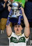 28 April 2025; Kerry captain Michael Tansley lifts the cup after the Dalata Hotel Group Munster GAA Football U20 Championship final match between Cork and Kerry at SuperValu Páirc Ui Chaoimh in Cork. Photo by Matt Browne/Sportsfile