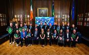 28 April 2025; Lord Mayor of Dublin Cllr Emma Blain, front centre, poses for a photograph alongside Mayor of South Dublin Baby Pereppadan, front centre left, Minister of State at the Department of Tourism, Culture, Arts, Gaeltacht, Sport and Media Charlie McConalogue TD, front centre right, Chairperson; Member of Governance and Nominations Committee and Remuneration Committee, Dr. Brendan O’Brien, front second from left, CEO, Special Olympics Ireland, Matt English, front second from right, Director of Sport, Special Olympics Ireland, Karen Coventry , back second from left, and athletes from Team Ireland at the Team Ireland World Winter Games celebration at The Mansion House in Dublin. Photo by Tyler Miller/Sportsfile