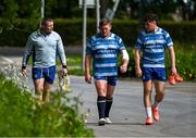28 April 2025; Jack Boyle, left, Tadhg Furlong and Gus McCarthy, right, arrive for Leinster rugby squad training at UCD in Dublin. Photo by Brendan Moran/Sportsfile