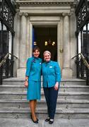 28 April 2025; Aer Lingus flight staff Kim Daniels, left, and Ciara Power during a Team Ireland World Winter Games celebration at The Mansion House in Dublin. Photo by Tyler Miller/Sportsfile