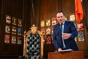 28 April 2025; Minister of State at the Department of Tourism, Culture, Arts, Gaeltacht, Sport and Media Charlie McConalogue TD speaking at the Team Ireland World Winter Games celebration at The Mansion House in Dublin. Photo by Tyler Miller/Sportsfile