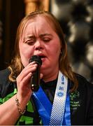28 April 2025; Lucy Best of Team Ireland, a member of Skiability Northern Ireland, Balinderry, Antrim, speaking at the Team Ireland World Winter Games celebration at The Mansion House in Dublin. Photo by Tyler Miller/Sportsfile