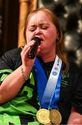 28 April 2025; Lucy Best of Team Ireland, a member of Skiability Northern Ireland, Balinderry, Antrim, speaking at the Team Ireland World Winter Games celebration at The Mansion House in Dublin. Photo by Tyler Miller/Sportsfile