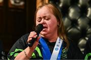 28 April 2025; Lucy Best of Team Ireland, a member of Skiability Northern Ireland, Balinderry, Antrim, speaking at the Team Ireland World Winter Games celebration at The Mansion House in Dublin. Photo by Tyler Miller/Sportsfile