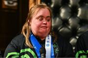 28 April 2025; Lucy Best of Team Ireland, a member of Skiability Northern Ireland, Balinderry, Antrim, speaking at the Team Ireland World Winter Games celebration at The Mansion House in Dublin. Photo by Tyler Miller/Sportsfile