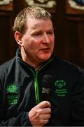 28 April 2025; Floorball assistant coach George Fitzgerald speaking at the Team Ireland World Winter Games celebration at The Mansion House in Dublin. Photo by Tyler Miller/Sportsfile