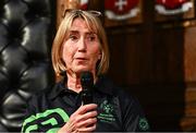 28 April 2025; Alpine Skiing assistant coach Jane McDowell speaking at the Team Ireland World Winter Games celebration at The Mansion House in Dublin. Photo by Tyler Miller/Sportsfile