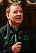 28 April 2025; Floorball assistant coach George Fitzgerald speaking at the Team Ireland World Winter Games celebration at The Mansion House in Dublin. Photo by Tyler Miller/Sportsfile