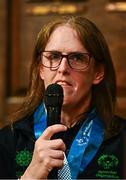 28 April 2025; Lorraine Whelan of Team Ireland, a member of Kilternan Karvers, Delgany, Wicklow speaking at the Team Ireland World Winter Games celebration at The Mansion House in Dublin. Photo by Tyler Miller/Sportsfile