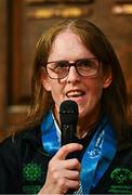 28 April 2025; Lorraine Whelan of Team Ireland, a member of Kilternan Karvers, Delgany, Wicklow speaking at the Team Ireland World Winter Games celebration at The Mansion House in Dublin. Photo by Tyler Miller/Sportsfile