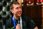 28 April 2025; Clive Healy of Team Ireland, a member of Waterford Special Olympics Club, Waterford City speaking at the Team Ireland World Winter Games celebration at The Mansion House in Dublin. Photo by Tyler Miller/Sportsfile