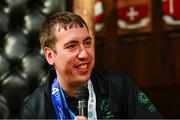 28 April 2025; Clive Healy of Team Ireland, a member of Waterford Special Olympics Club, Waterford City speaking at the Team Ireland World Winter Games celebration at The Mansion House in Dublin. Photo by Tyler Miller/Sportsfile