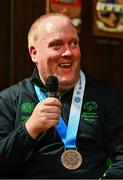 28 April 2025; Niall Corcoran of Team Ireland, a member of Waterford Special Olympics Club, Ballinahassig, Cork, speaking at the Team Ireland World Winter Games celebration at The Mansion House in Dublin. Photo by Tyler Miller/Sportsfile