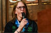 28 April 2025; Lorraine Whelan of Team Ireland, a member of Kilternan Karvers, Delgany, Wicklow speaking at the Team Ireland World Winter Games celebration at The Mansion House in Dublin. Photo by Tyler Miller/Sportsfile