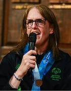 28 April 2025; Lorraine Whelan of Team Ireland, a member of Kilternan Karvers, Delgany, Wicklow speaking at the Team Ireland World Winter Games celebration at The Mansion House in Dublin. Photo by Tyler Miller/Sportsfile