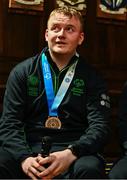 28 April 2025; Joseph 'Joe-Joe' Sheehan of Team Ireland, a member of Mallow Special Olympics Club, Doneraile, Cork, speaking at the Team Ireland World Winter Games celebration at The Mansion House in Dublin. Photo by Tyler Miller/Sportsfile