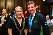 28 April 2025; Frank O'Dwyer of Team Ireland, a member of Tipperary pictured with Lord Mayor of Dublin Cllr Emma Blain at the Team Ireland World Winter Games celebration at The Mansion House in Dublin. Photo by Tyler Miller/Sportsfile
