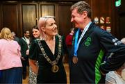 28 April 2025;  Frank O'Dwyer of Team Ireland, a member of Tipperary Special Olympics Club, Ballylandis, Limerick, pictured with Lord Mayor of Dublin Cllr Emma Blain at the Team Ireland World Winter Games celebration at The Mansion House in Dublin. Photo by Tyler Miller/Sportsfile