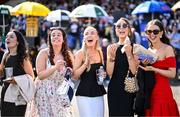 29 April 2025; Racegoers, from left, Ellie McNamee, Samantha Tansey, Ellie Doherty, Nicola Kirwan and Sophie Kirwan react during The Killashee Hotel Handicap Hurdle on day one of the Punchestown Festival at Punchestown Racecourse in Kildare. Photo by David Fitzgerald/Sportsfile