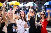 29 April 2025; Racegoers, from left, Ellie McNamee, Samantha Tansey, Ellie Doherty, Nicola Kirwan and Sophie Kirwan react during The Killashee Hotel Handicap Hurdle on day one of the Punchestown Festival at Punchestown Racecourse in Kildare. Photo by David Fitzgerald/Sportsfile