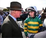 29 April 2025; Jockey Mark Walsh and trainer Willie Mullins after The KPMG Gr. 1 Champion Novice Hurdle on day one of the Punchestown Festival at Punchestown Racecourse in Kildare. Photo by David Fitzgerald/Sportsfile