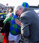29 April 2025; Jockey Danny Mullins and owner Mick Masterson after winning The GR1 Dooley Insurance Group Champion Novice Chase with Champ Kiely during day one of the Punchestown Festival at Punchestown Racecourse in Kildare. Photo by David Fitzgerald/Sportsfile