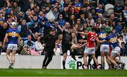 27 April 2025; Tipperary manager Liam Cahill and supporters react as line umpire Sean Stadk awards a sideline ball to Cork during the Munster GAA Hurling Senior Championship Round 2 match between Cork and Tipperary at SuperValu Páirc Uí Chaoimh in Cork. Photo by Brendan Moran/Sportsfile