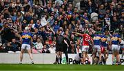 27 April 2025; Tipperary manager Liam Cahill and supporters react as line umpire Sean Stadk awards a sideline ball to Cork during the Munster GAA Hurling Senior Championship Round 2 match between Cork and Tipperary at SuperValu Páirc Uí Chaoimh in Cork. Photo by Brendan Moran/Sportsfile