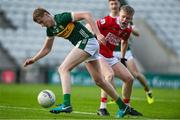 28 April 2025; Killian Dennehy of Kerry in action against Dara Sheedy of Cork during the Dalata Hotel Group Munster GAA Football U20 Championship final match between Cork and Kerry at SuperValu Páirc Ui Chaoimh in Cork. Photo by Matt Browne/Sportsfile