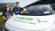 30 April 2025; Paralympics Ireland and Uber have announced a new partnership to help provide direct financial assistance and access to Uber services for members of the Paralympics Ireland team. This comprehensive support package is designed to ensure that the athletes have access to transport to assist them to focus on their training and performance. The partnership was launched today at the Sport Ireland Campus in Dublin with the help of Minister of State with responsibility for Disability Hildegarde Naughton. Pictured at the launch on the Sport Ireland Campus are Paralympians Róisín Ní Riain and Tiarnán O’Donnell. Photo by Seb Daly/Sportsfile