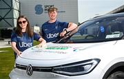 30 April 2025; Paralympics Ireland and Uber have announced a new partnership to help provide direct financial assistance and access to Uber services for members of the Paralympics Ireland team. This comprehensive support package is designed to ensure that the athletes have access to transport to assist them to focus on their training and performance. The partnership was launched today at the Sport Ireland Campus in Dublin with the help of Minister of State with responsibility for Disability Hildegarde Naughton. Pictured at the launch on the Sport Ireland Campus are Paralympians Róisín Ní Riain and Tiarnán O’Donnell. Photo by Seb Daly/Sportsfile