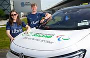 30 April 2025; Paralympics Ireland and Uber have announced a new partnership to help provide direct financial assistance and access to Uber services for members of the Paralympics Ireland team. This comprehensive support package is designed to ensure that the athletes have access to transport to assist them to focus on their training and performance. The partnership was launched today at the Sport Ireland Campus in Dublin with the help of Minister of State with responsibility for Disability Hildegarde Naughton. Pictured at the launch on the Sport Ireland Campus are Paralympians Róisín Ní Riain and Tiarnán O’Donnell. Photo by Seb Daly/Sportsfile