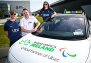 30 April 2025; Paralympics Ireland and Uber have announced a new partnership to help provide direct financial assistance and access to Uber services for members of the Paralympics Ireland team. This comprehensive support package is designed to ensure that the athletes have access to transport to assist them to focus on their training and performance. The partnership was launched today at the Sport Ireland Campus in Dublin with the help of Minister of State with responsibility for Disability Hildegarde Naughton. Pictured at the launch on the Sport Ireland Campus are, from left, Paralympian Tiarnán O’Donnell, Uber Ireland general manager Kieran Harte, and Paralympian Róisín Ní Riain. Photo by Seb Daly/Sportsfile