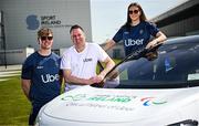 30 April 2025; Paralympics Ireland and Uber have announced a new partnership to help provide direct financial assistance and access to Uber services for members of the Paralympics Ireland team. This comprehensive support package is designed to ensure that the athletes have access to transport to assist them to focus on their training and performance. The partnership was launched today at the Sport Ireland Campus in Dublin with the help of Minister of State with responsibility for Disability Hildegarde Naughton. Pictured at the launch on the Sport Ireland Campus are, from left, Paralympian Tiarnán O’Donnell, Uber Ireland general manager Kieran Harte, and Paralympian Róisín Ní Riain. Photo by Seb Daly/Sportsfile