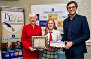 30 April 2025; National TY Short Story Competition winner Tara Yeomans, from Hazelwood College in Dromcollogher, Limerick is presented with her prize by Judging Chairperson Mary Hanafin and School Print Resources managing director Niall Morrissey at the National TY Short Story Competition Awards at Buswells Hotel in Dublin. Photo by Brendan Moran/Sportsfile