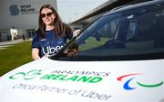 30 April 2025; Paralympics Ireland and Uber have announced a new partnership to help provide direct financial assistance and access to Uber services for members of the Paralympics Ireland team. This comprehensive support package is designed to ensure that the athletes have access to transport to assist them to focus on their training and performance. The partnership was launched today at the Sport Ireland Campus in Dublin with the help of Minister of State with responsibility for Disability Hildegarde Naughton. Pictured at the launch on the Sport Ireland Campus is Paralympian Róisín Ní Riain. Photo by Seb Daly/Sportsfile