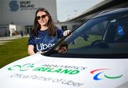 30 April 2025; Paralympics Ireland and Uber have announced a new partnership to help provide direct financial assistance and access to Uber services for members of the Paralympics Ireland team. This comprehensive support package is designed to ensure that the athletes have access to transport to assist them to focus on their training and performance. The partnership was launched today at the Sport Ireland Campus in Dublin with the help of Minister of State with responsibility for Disability Hildegarde Naughton. Pictured at the launch on the Sport Ireland Campus is Paralympian Róisín Ní Riain. Photo by Seb Daly/Sportsfile